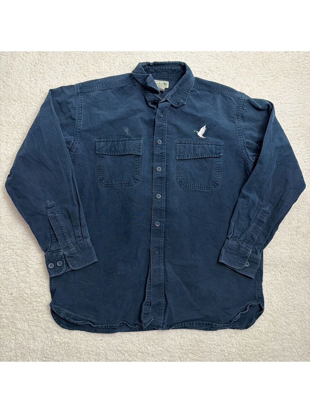 LL Bean Denim Shirt Mens Large Blue Mallard Duck Embroidered Long Sleeve Cotton